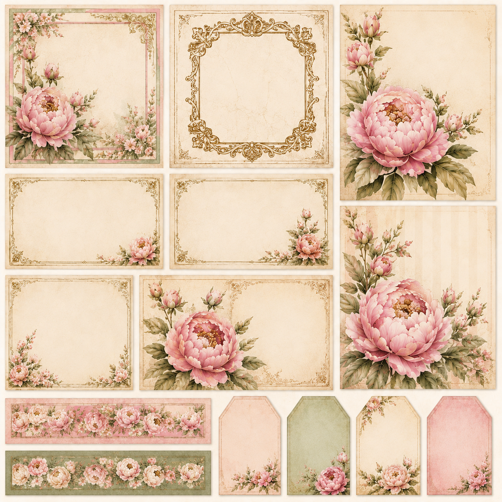 Peony Garden Digital Scrapbook Paper Collection | 24 Printable Papers | 12x12 | 300 DPI PNG | Junk Journal | Card Making | Commercial Use