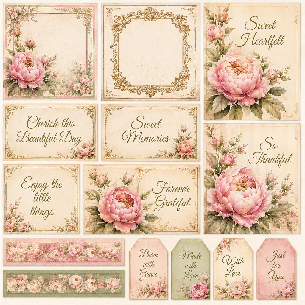 Peony Garden Digital Scrapbook Paper Collection | 24 Printable Papers | 12x12 | 300 DPI PNG | Junk Journal | Card Making | Commercial Use