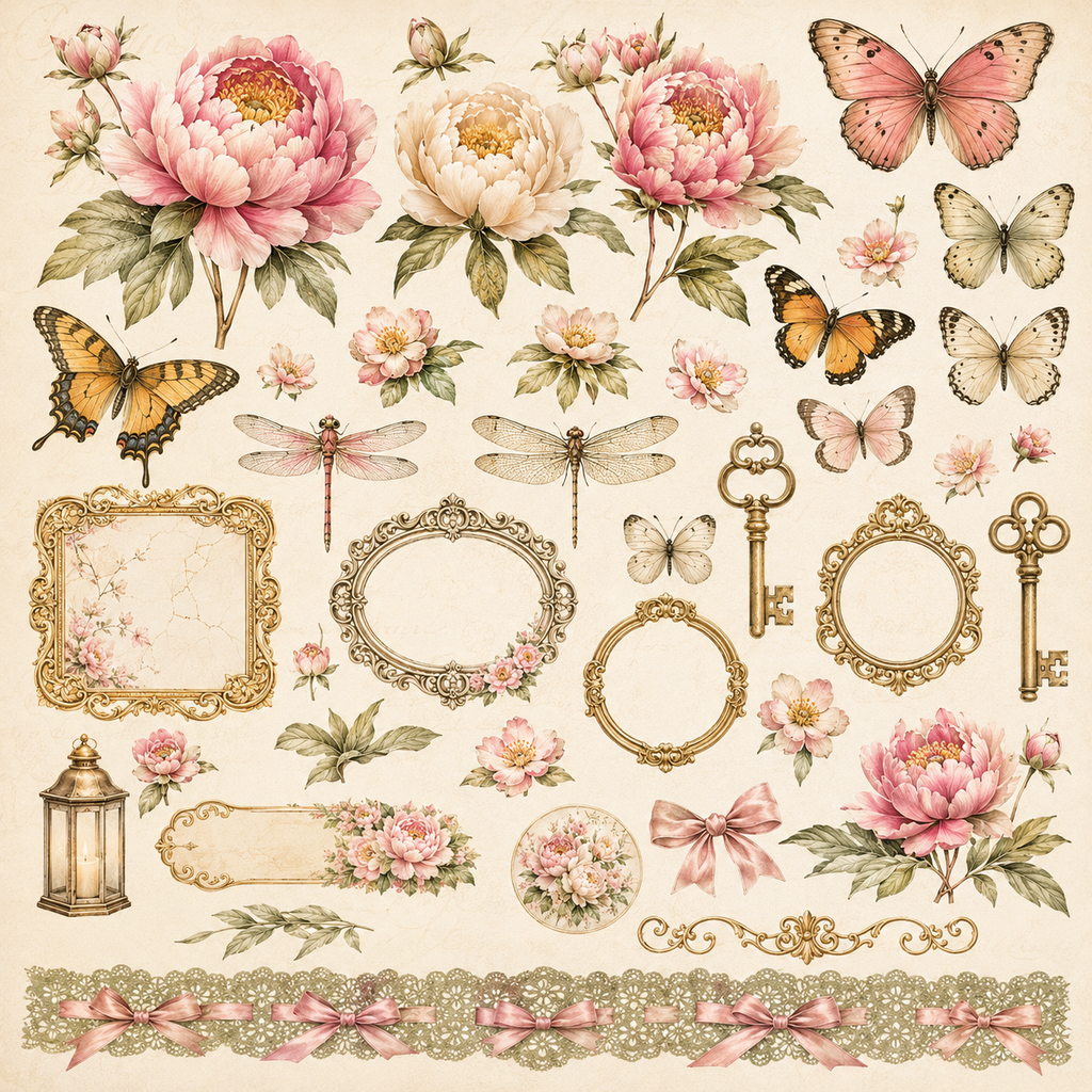 Peony Garden Digital Scrapbook Paper Collection | 24 Printable Papers | 12x12 | 300 DPI PNG | Junk Journal | Card Making | Commercial Use