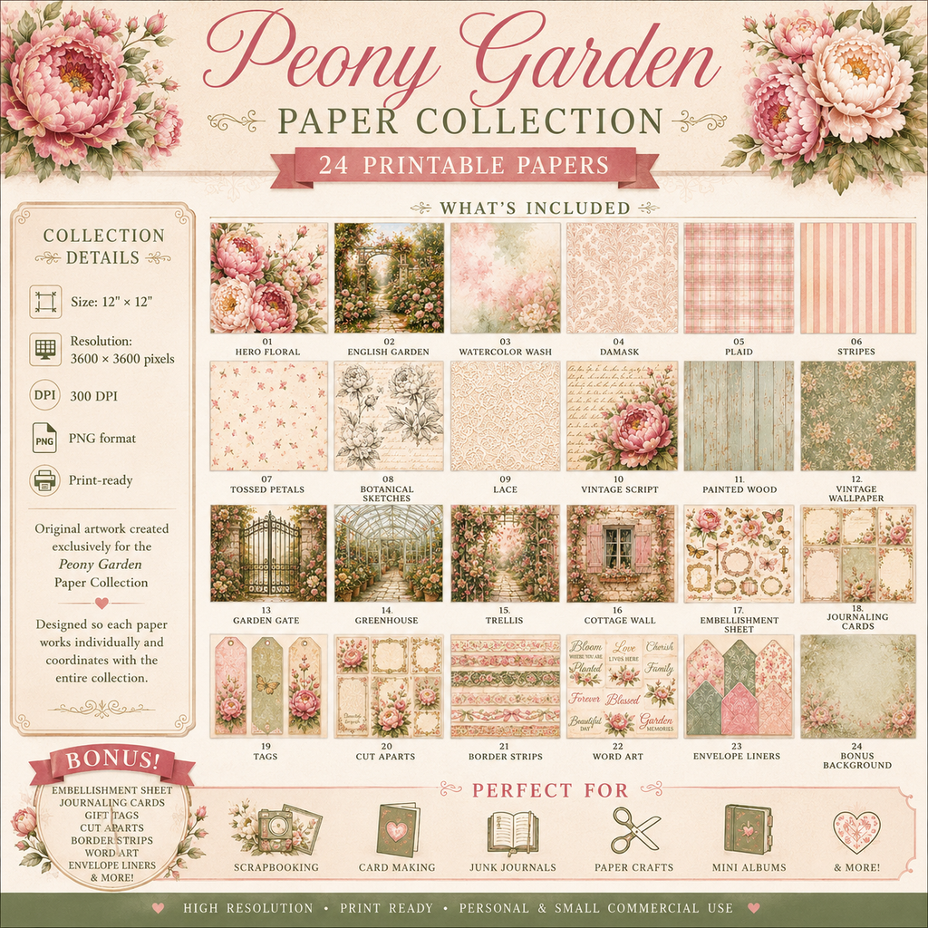 Peony Garden Digital Scrapbook Paper Collection | 24 Printable Papers | 12x12 | 300 DPI PNG | Junk Journal | Card Making | Commercial Use