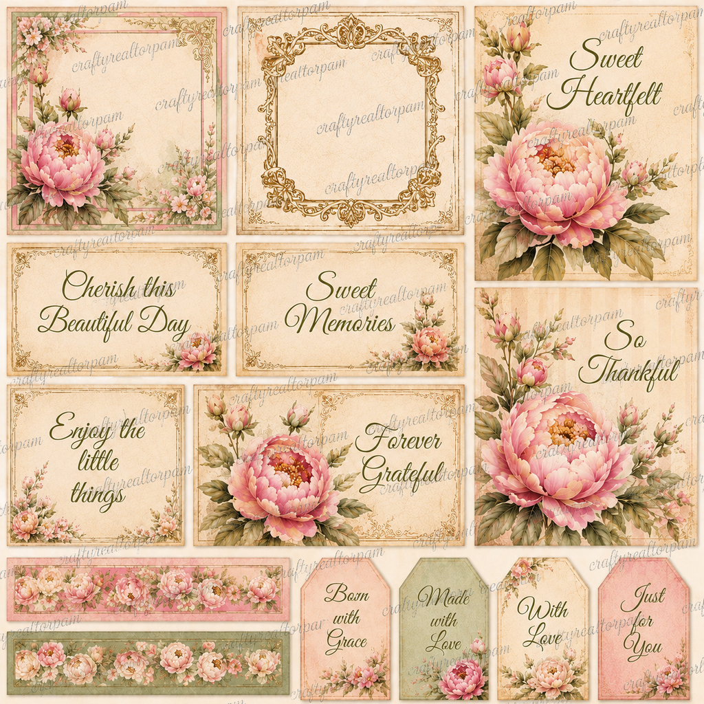 Peony Garden Digital Scrapbook Paper Collection | 24 Printable Papers | 12x12 | 300 DPI PNG | Junk Journal | Card Making | Commercial Use
