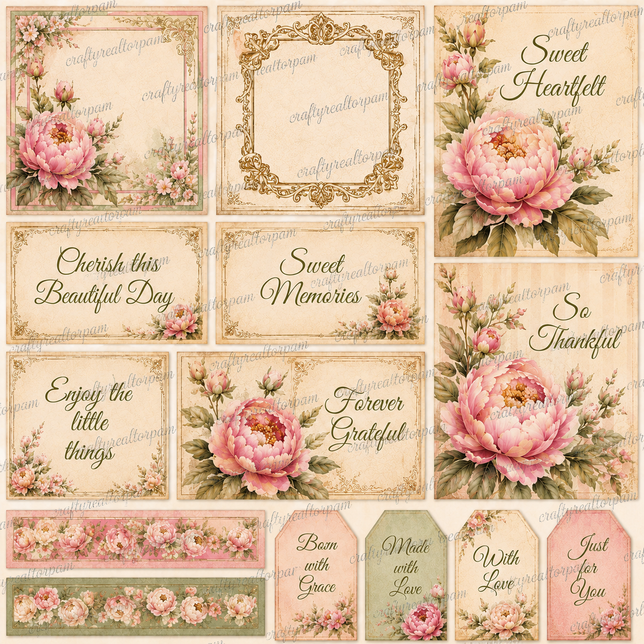 Peony Garden Digital Scrapbook Paper Collection | 24 Printable Papers | 12x12 | 300 DPI PNG | Junk Journal | Card Making | Commercial Use