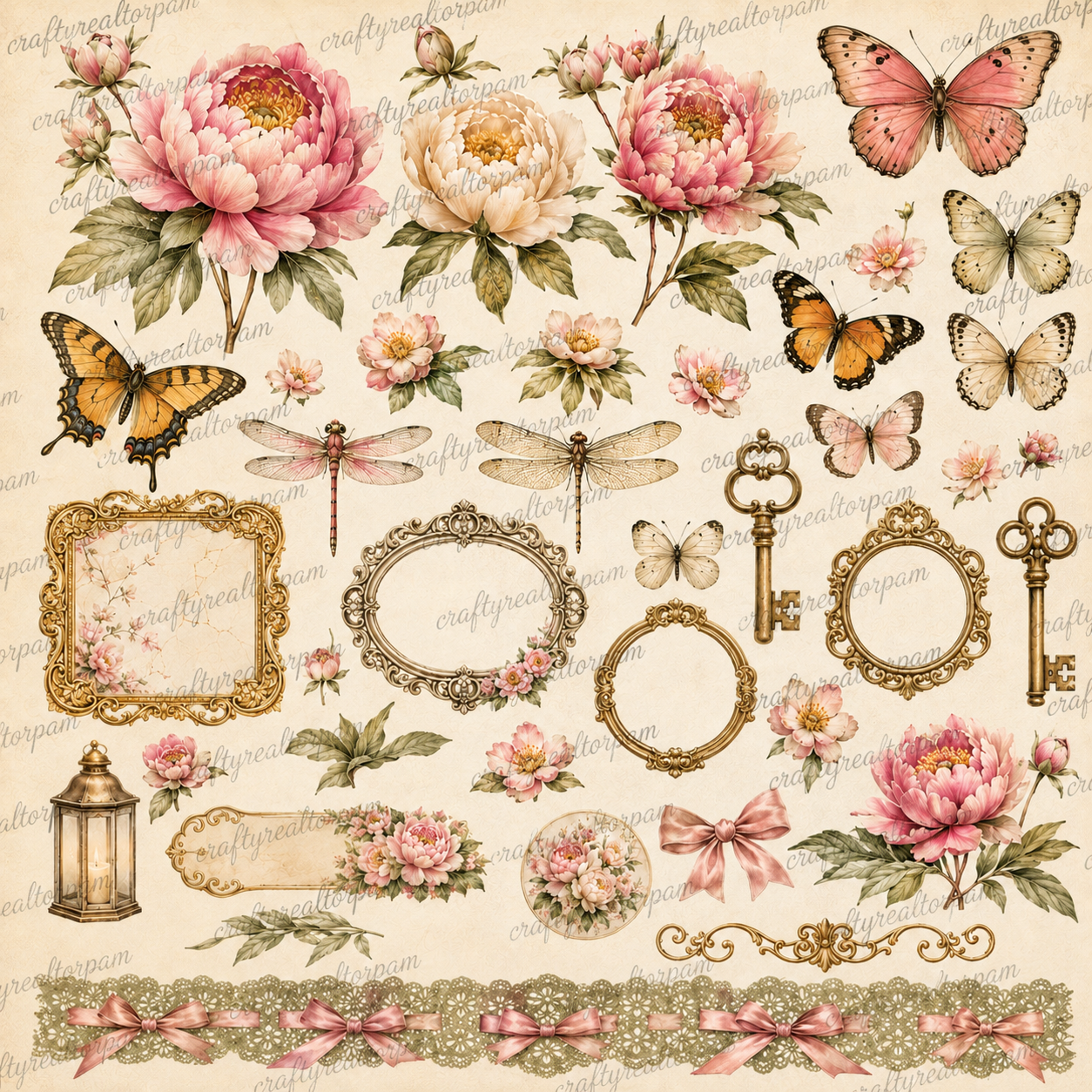 Peony Garden Digital Scrapbook Paper Collection | 24 Printable Papers | 12x12 | 300 DPI PNG | Junk Journal | Card Making | Commercial Use