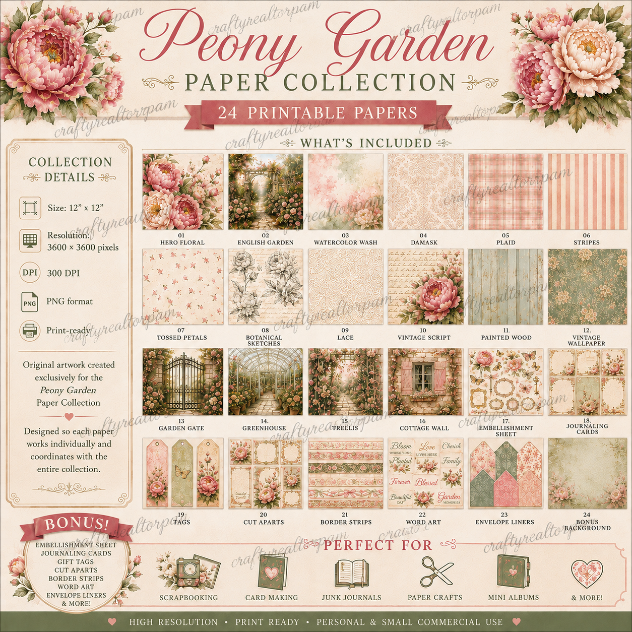Peony Garden Digital Scrapbook Paper Collection | 24 Printable Papers | 12x12 | 300 DPI PNG | Junk Journal | Card Making | Commercial Use